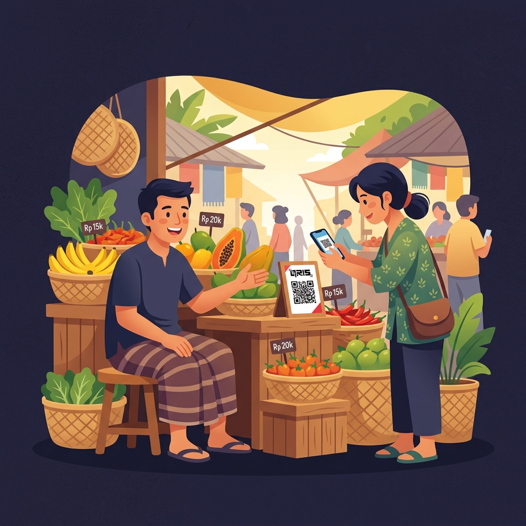 Ilustrasi pedagang pasar menerima pembayaran digital