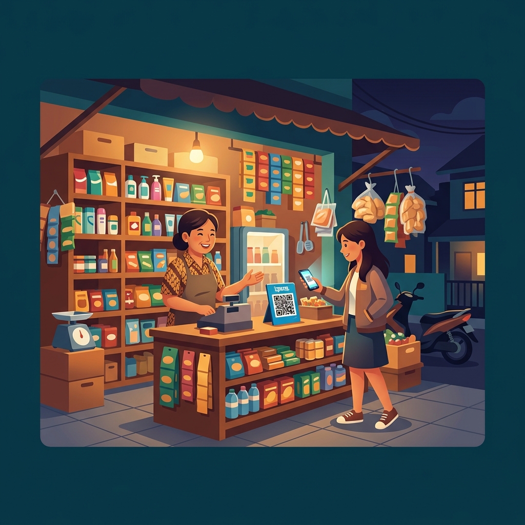 Ilustrasi toko kelontong dengan pembayaran QRIS